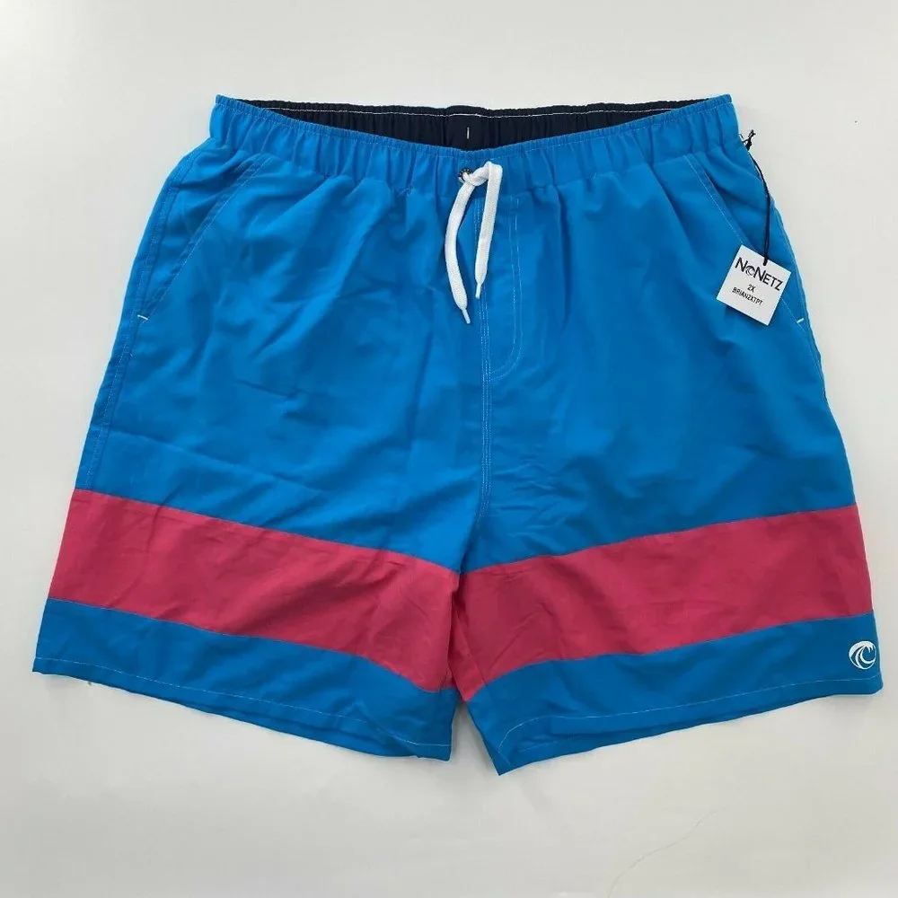 NoNetz Men's Brian Swim Shorts Trunk Turquoise Blue/Pink Stripe UPF 50+ Size 2X